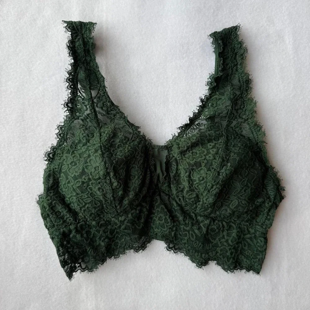 Aerie Eyelash Lace Bralette Dark Green Wireless Floral Lace Bra Medium